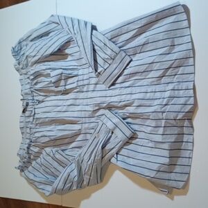 Tibi Blue Stripe Off The Shoulder Fitted Tunic Style Button Down Top A21